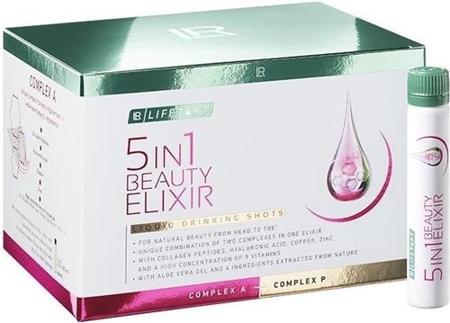 LR LIFETAKT 5in1 Beauty Elixir - Natuurlijke Schoonheid van Hoofd tot Teen - Unieke Combinatie van Twee Complexen in een Elixer - Collageenpeptides, Hyaluronzuur, Koper, Zink - Hoge Concentratie van 9 Vitamine - Aloë Vera gel - Drinkampullen 30x25 ml