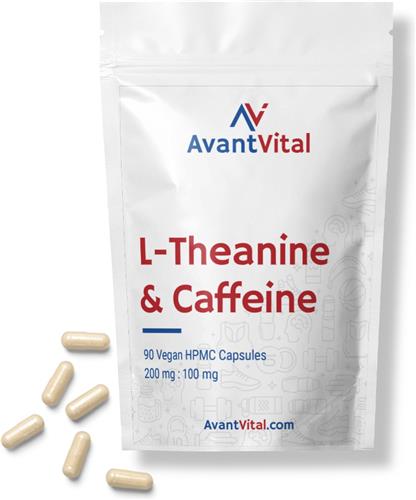 L-Theanine & Cafeïne - Optimale verhouding 200 mg : 100 mg - 90 Vegan Capsules - L-Theanine gewonnen uit Groene Thee - AvantVital - Voedingssupplementen