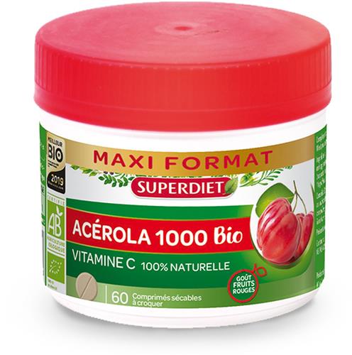 Super Diet Maxi Pot Acerola 1000 Bio - 60 Kauwtabletten - Rijk aan Vitamine C voor Vermoeidheid