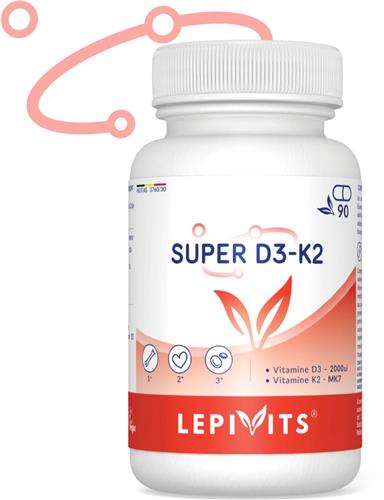 Super D3+K2 | 90 plantaardige capsules | Vitaminen MK7 + D3 2000UI | Optimaliseert Bot-en Hartgezondheid | Made in Belgium | LEPIVITS