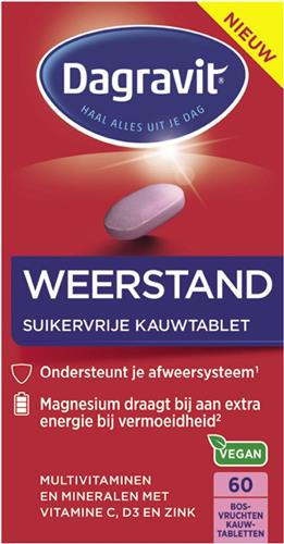 Dagravit Weerstand Multivitaminen suikervrij - Vitamine A, B6, B11, B12, C, D en mineralen koper, selenium, zink en ijzer zijn goed voor de weerstand - 60 kauwtabletten