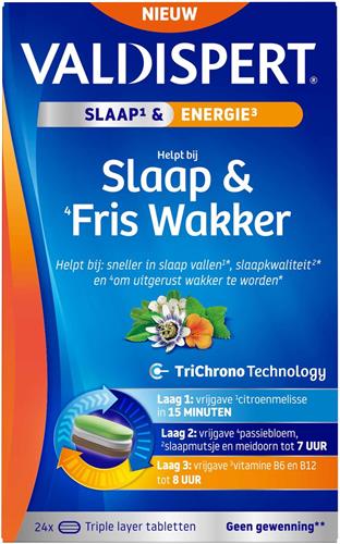 Valdispert Slaap & Fris wakker - Citroenmelisse helpt om sneller in slaap te vallen - Passiebloem helpt om uitgerust wakker te worden - Vitamine B6 - Geen gewenning - Gefaseerde afgifte gedurende de nacht - 24 triple layer tabletten