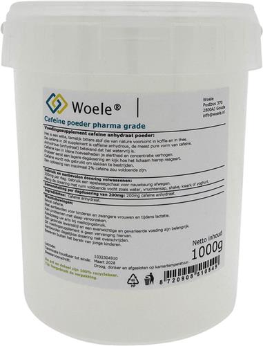Woele Cafeïne anhydraat poeder 1kg (1000g) pharma grade caffeine anhydrous