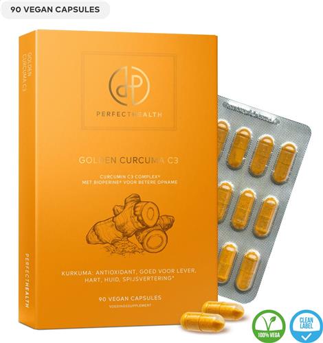 Perfect Health - Kurkuma Capsules met Zwarte Peper - Goed voor Hart, Bloedvaten, Lever, Gal, Gewrichten en Spijsvertering - 90 stuks - Curcumin C3 Complex - Vegan
