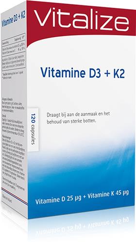 Vitamine D3 + K2 120 capsules - Best opneembare vorm van vitamine D en K - Voor het behoud van sterke botten - Vitalize