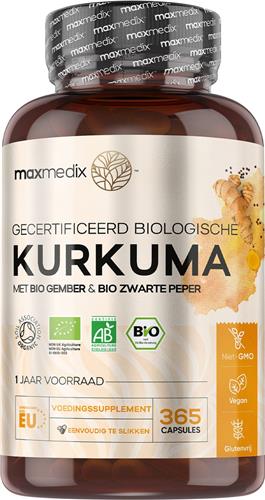 maxmedix Biologische Kurkuma capsules met zwarte peper en gember - 505 mg - 365 capsules voor 1 jaar
