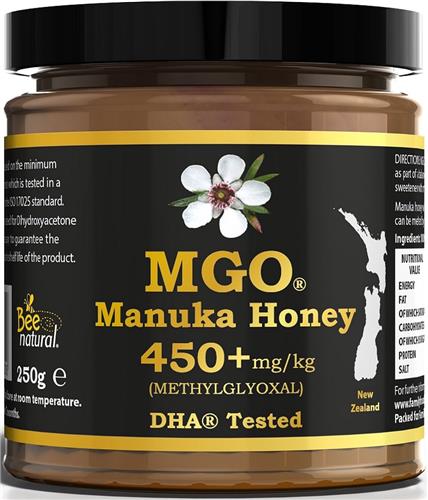 MANUKA HONING MGO® 450+ 250g / T.h.t. 01-10-2026 / BEE NATURAL MANUKAHONING IN EEN ECHT GLAZEN POT # MGO 182 = UMF 8, 250 = 9, 263 300 = 10, 310 = 11, 356 400 = 12, 420 = 13, 514 550 = 15, 600 625 = 16, 633 = 17, 696 720 = 18, 800 = 19, 829 850 = 20