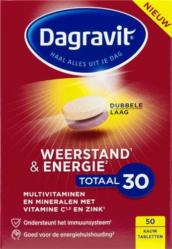 Dagravit Totaal 30 Weerstand & Energie Multivitaminen - Vitamine C, selenium en zink ondersteunen het immuunsysteem - 50 kauwtabletten