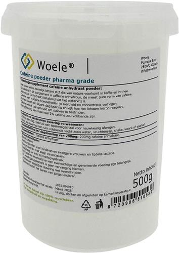 Woele Cafeïne anhydraat poeder 0,5kg (500g) pharma grade caffeine anhydrous