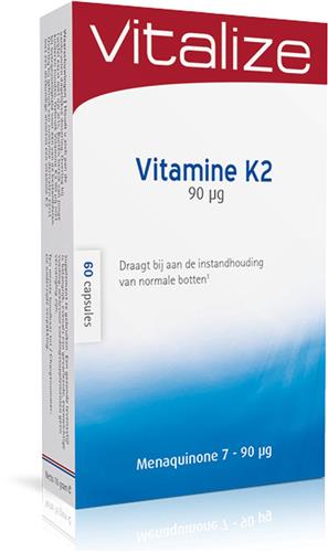 Vitalize Vitamine K2 60 capsules - Draagt bij aan een goed verloop van de bloedstolling - Bevat MK-7 (menaquinone), een biologisch actieve vorm van vitamine K2