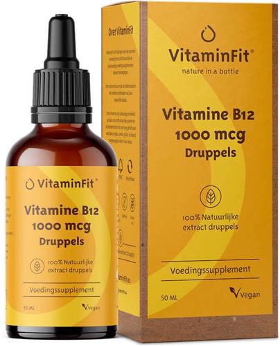 VitaminFit Vitamine B12 - 1000 ug/mcg Druppels - 100% Natuurlijk & Plantaardig - 50 ML - Biologisch actieve methylcobalamine - Vloeibaar
